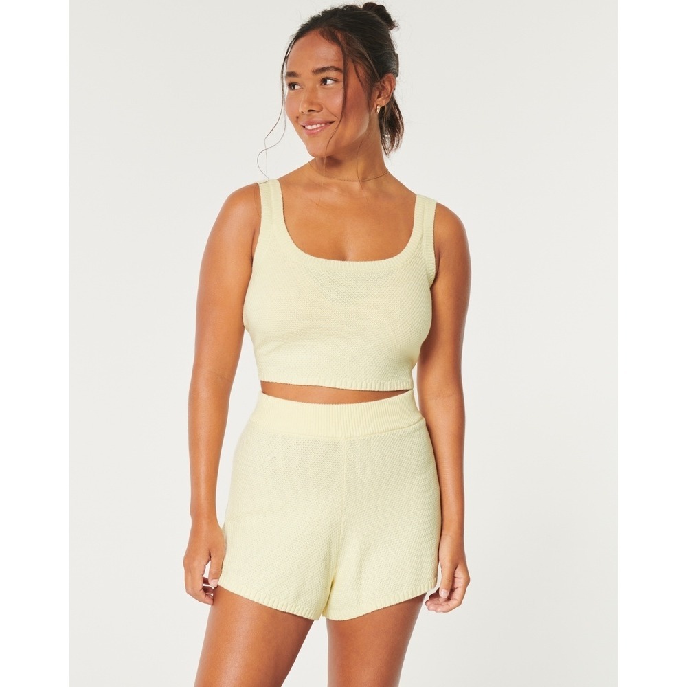 Gilly Hicks at Hollister Pastel Yellow Textured Knit Scoop Neck Crop Tank Large